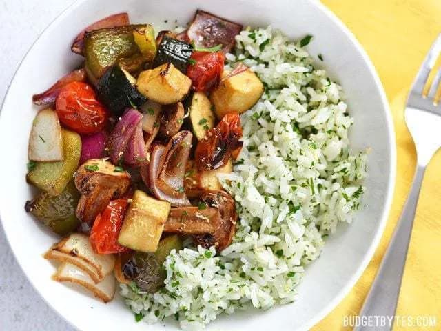 Image of Broiled Balsamic Vegetables with Lemon Parsley Rice recipe