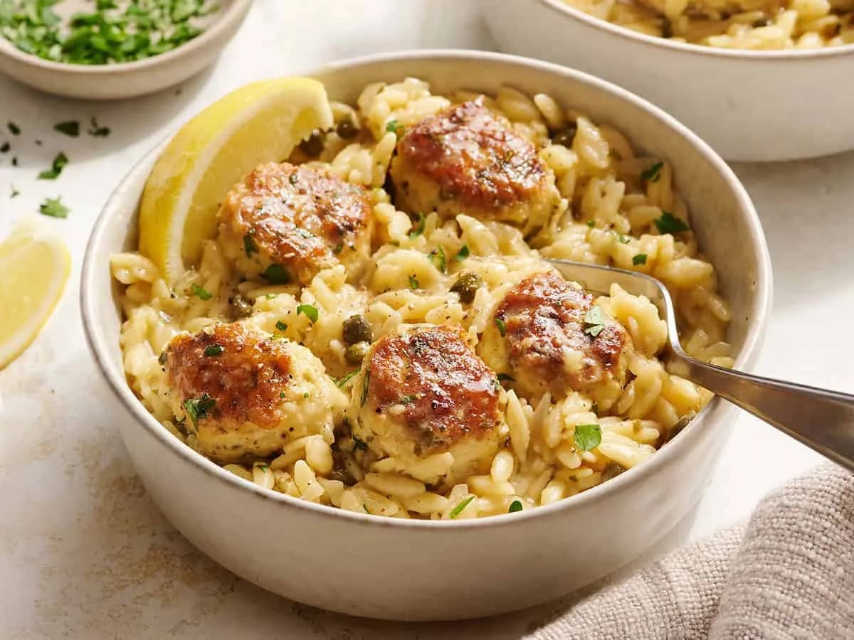 Image of Chicken Piccata Meatballs and Orzo Skillet recipe