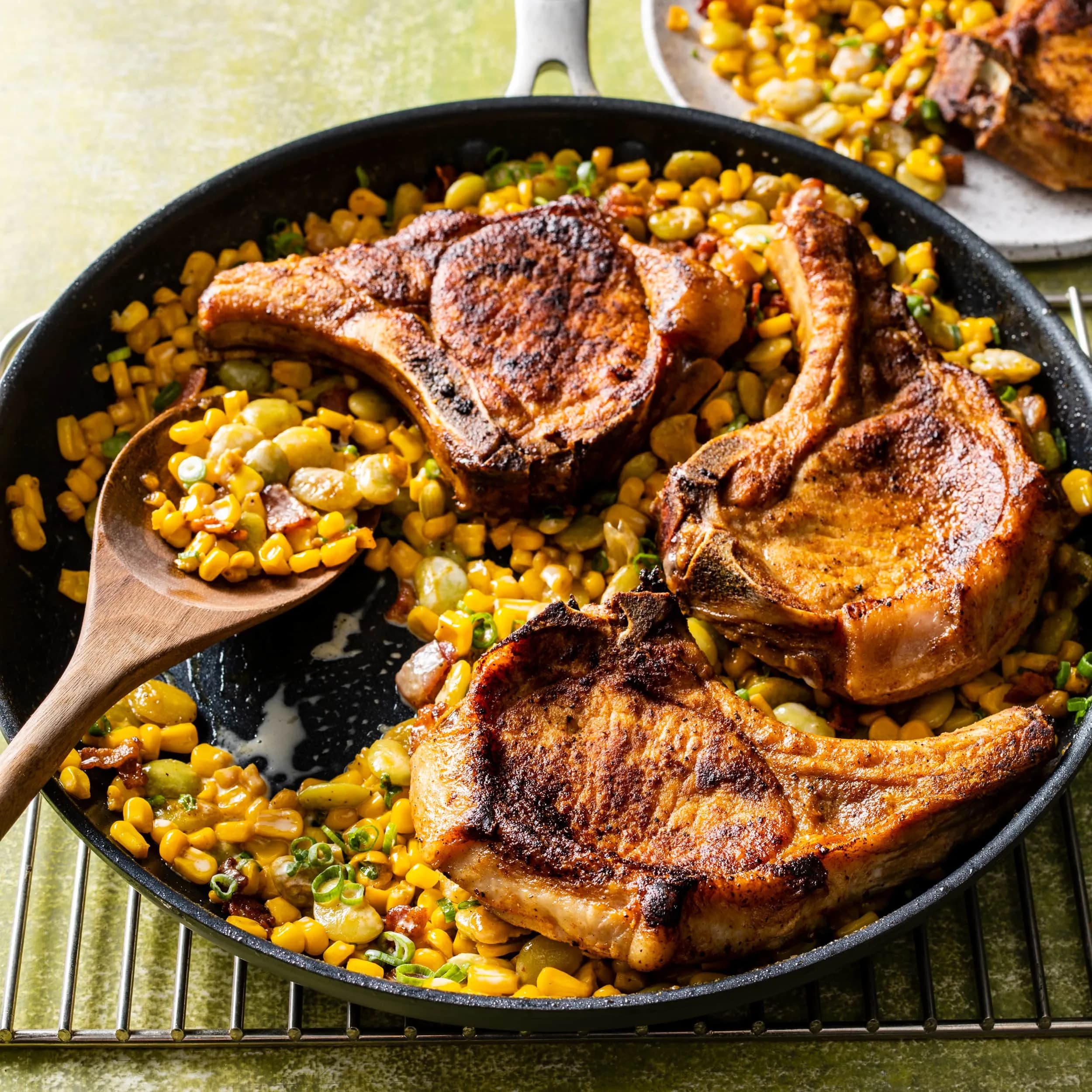 Image of Pork Chops with Creamy Corn and Lima Beans recipe