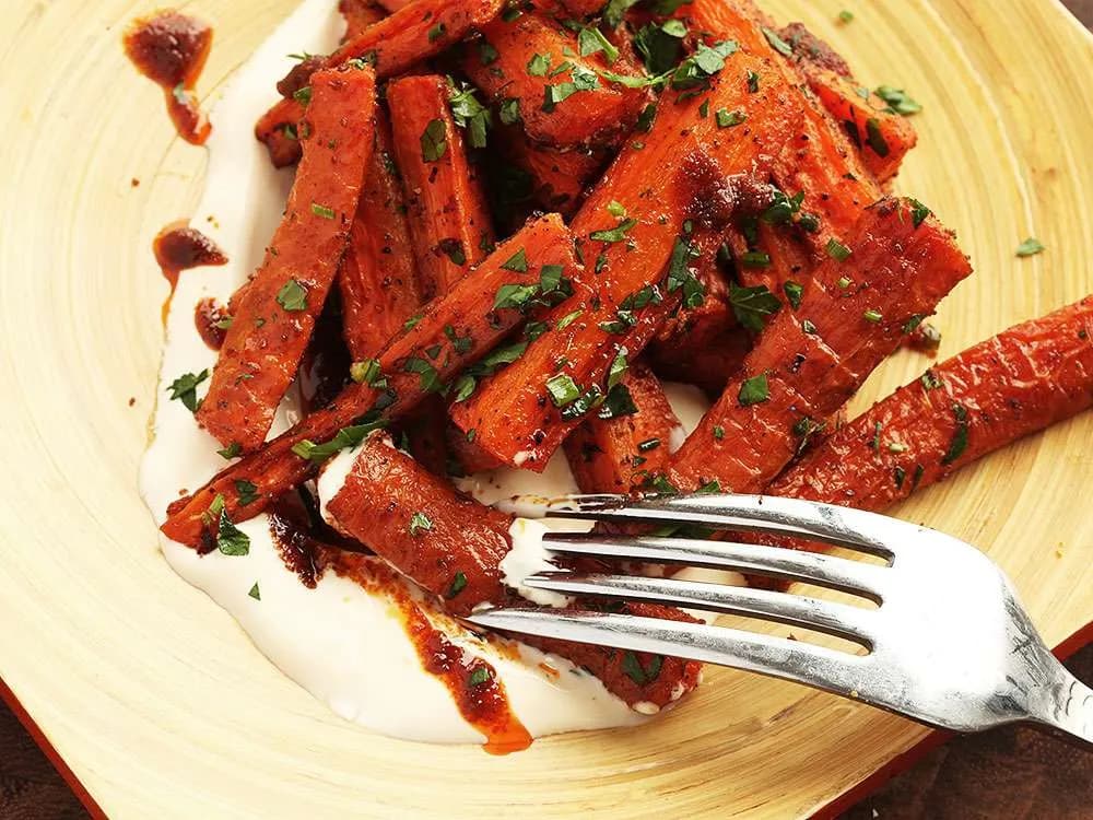 Image of Roasted Carrots With Harissa and Crème Fraîche recipe