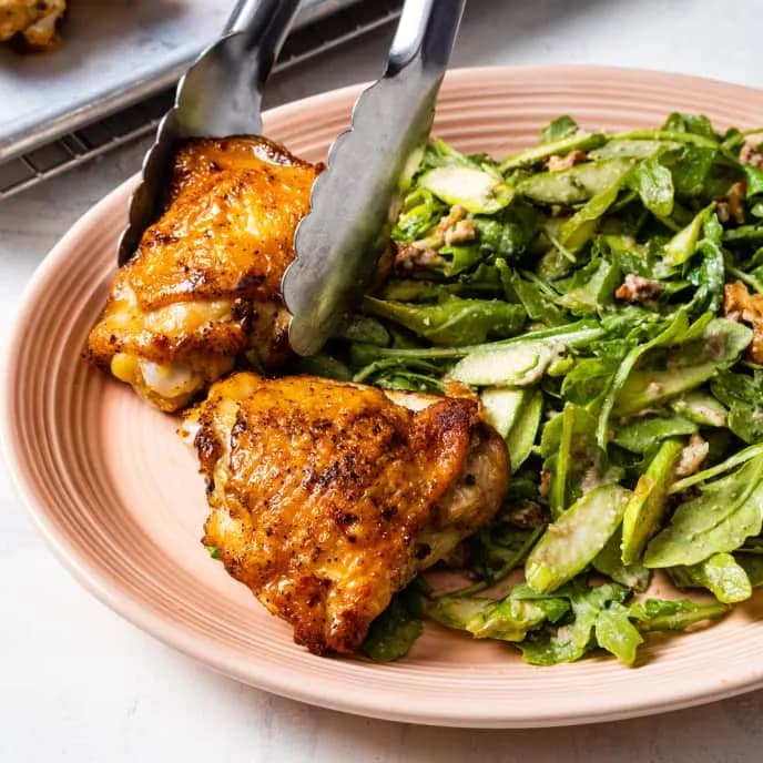 Image of Roasted Chicken Thighs with Asparagus and Walnut Salad recipe