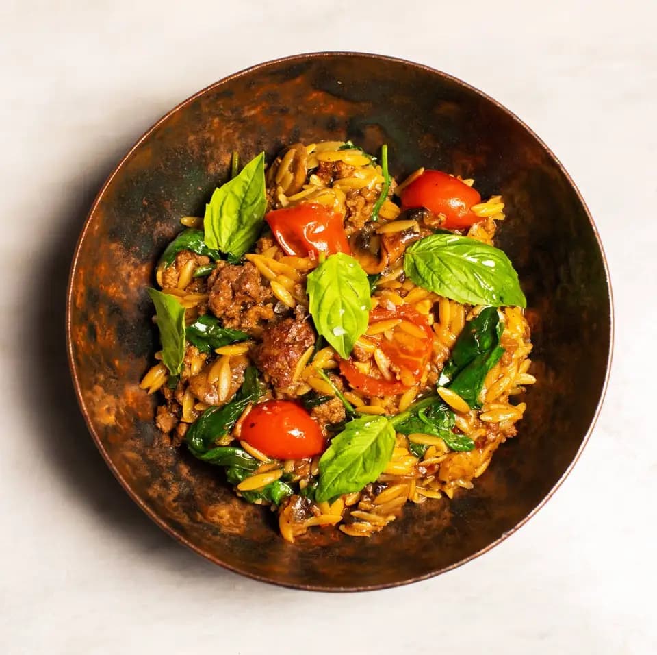 Image of Simple Beef, Basil, and Orzo Skillet recipe