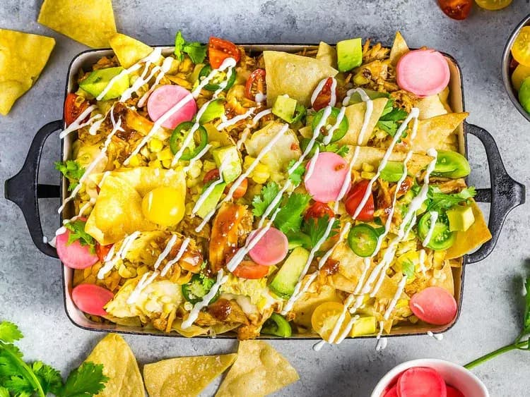 Image of Summer Nachos With Tomatoes, Corn, Chicken, and Cheese recipe