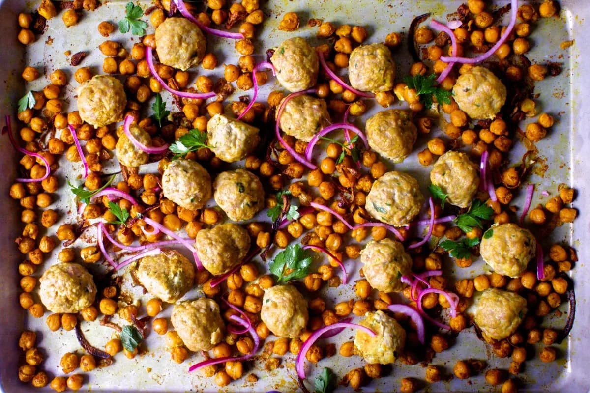 Cover image for Sheet Pan Meatballs with Crispy Turmeric Chickpeas recipe